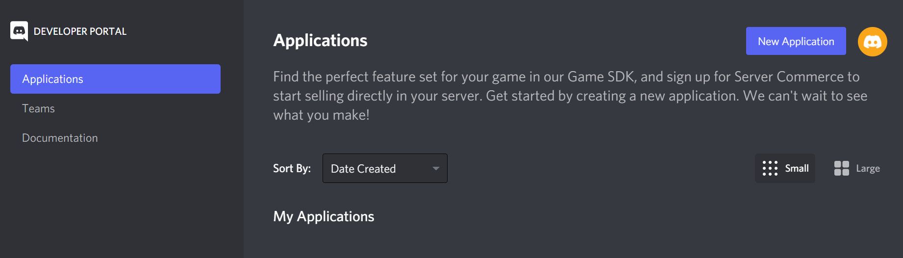 Консоль разработчика Discord — список приложений
