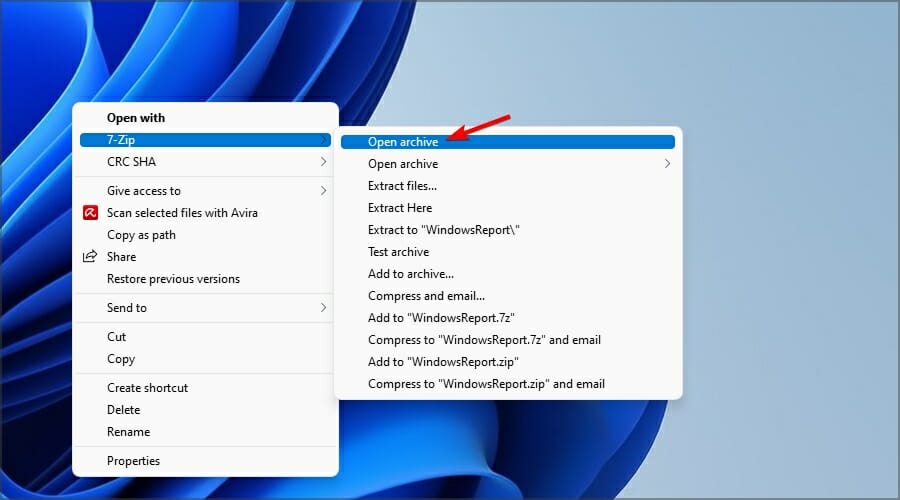 Опция 7-Zip — Открыть архив