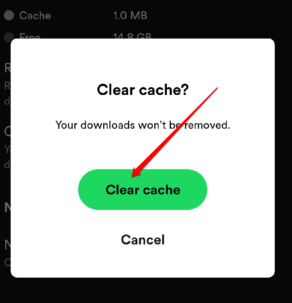 Подтверждение очистки кэша в Spotify