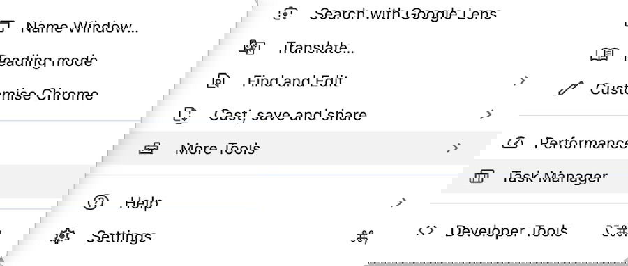 Диспетчер задач Chrome с информацией о памяти
