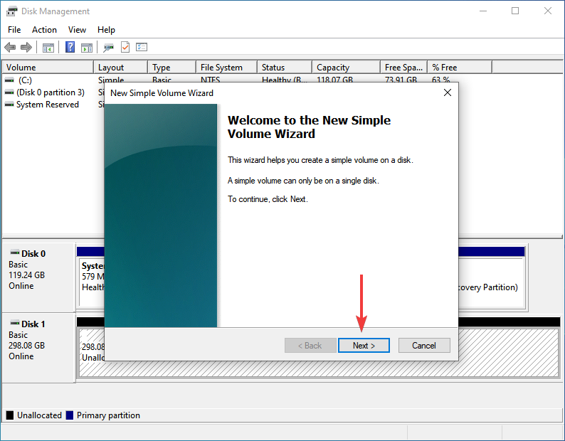 Шаги мастера создания тома: Next и выбор размера