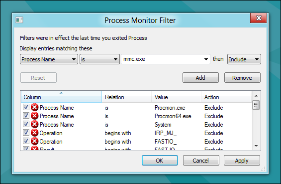 Добавление фильтра по имени процесса mmc.exe