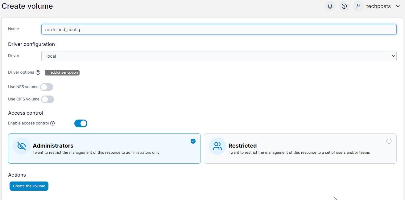 Создание тома в Portainer