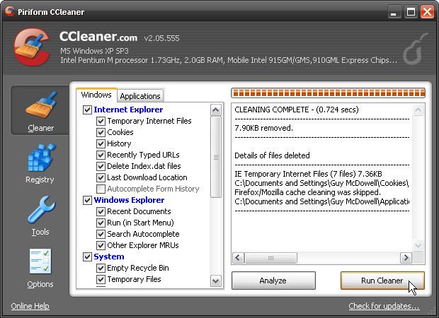Окно CCleaner во время записи действий