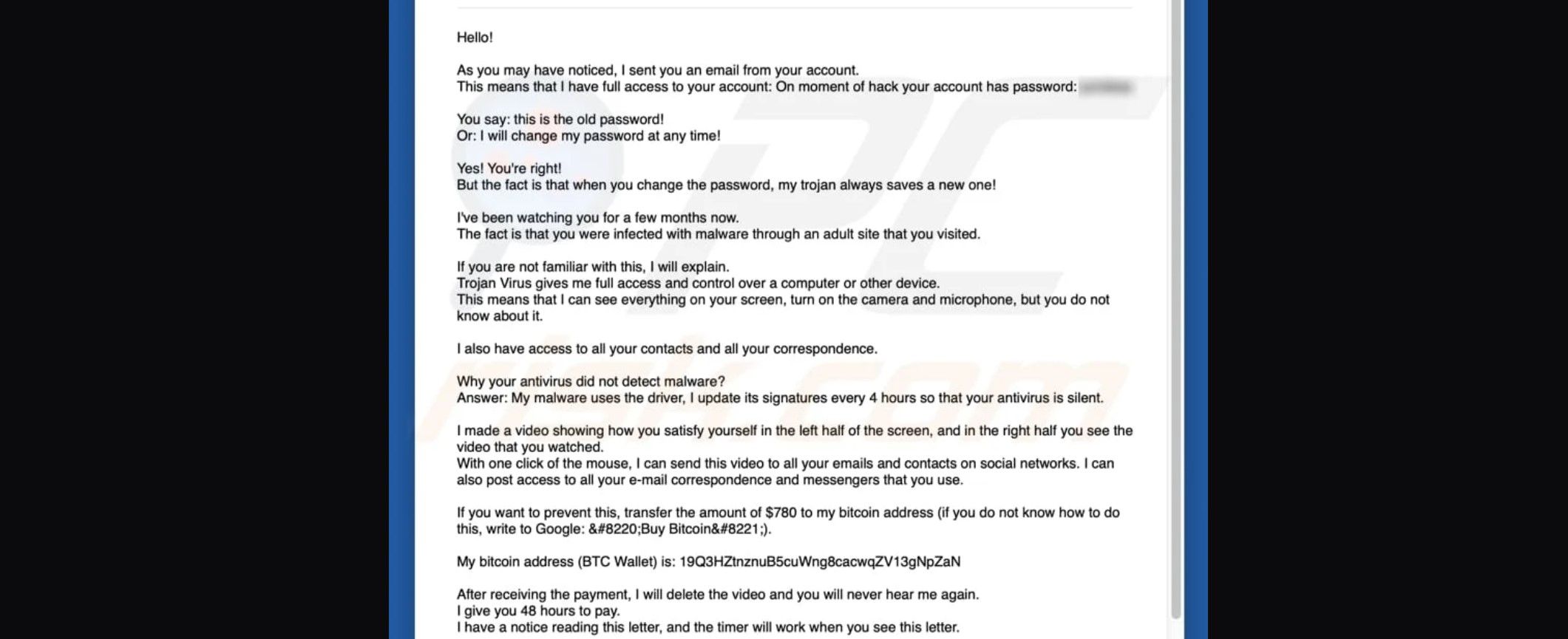 скриншот фишингового письма от мошенника