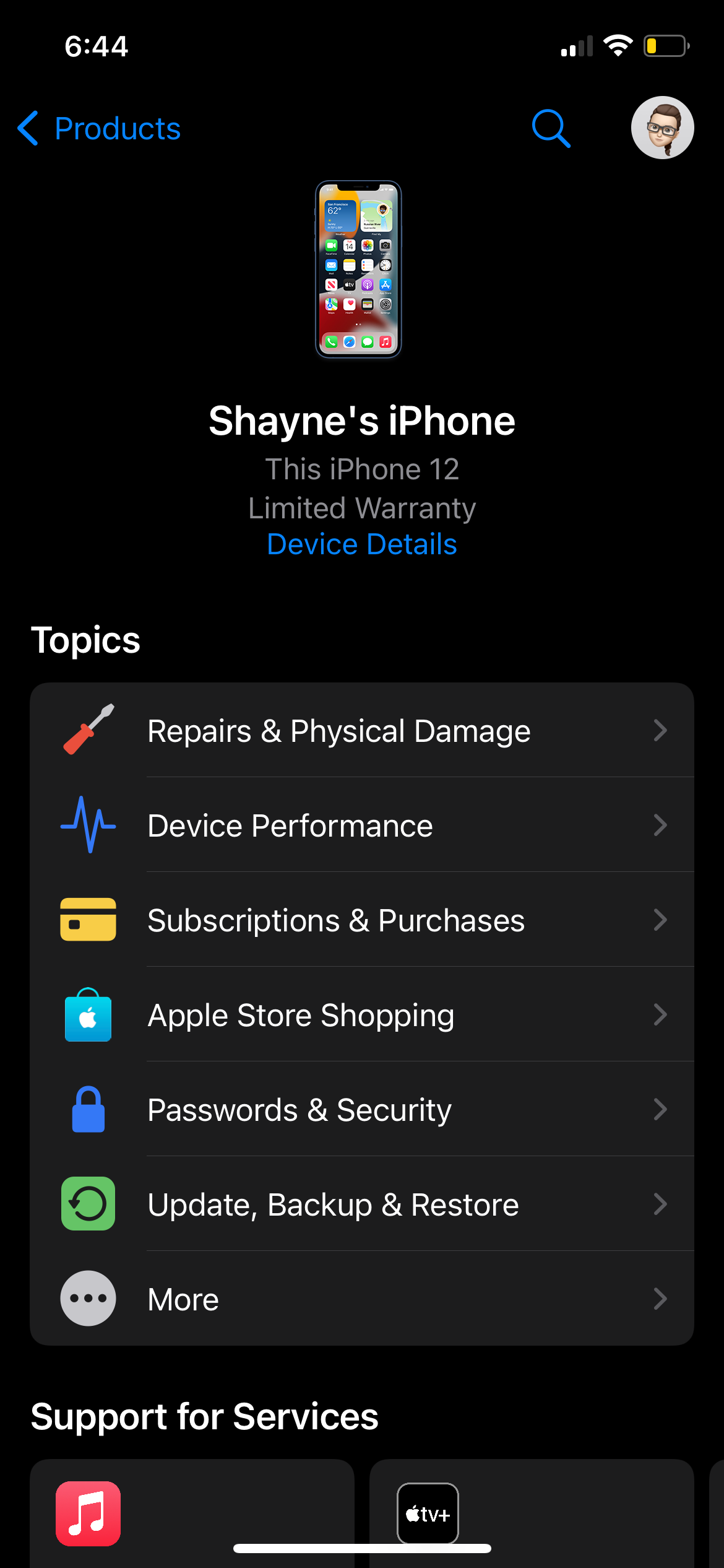 iPhone отображается в приложении Apple Support