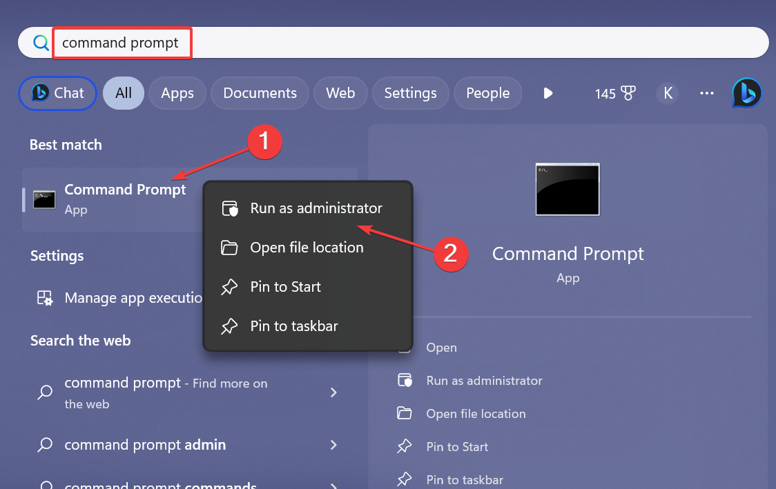 Поиск: результат «Командная строка» с опцией «Запуск от имени администратора»