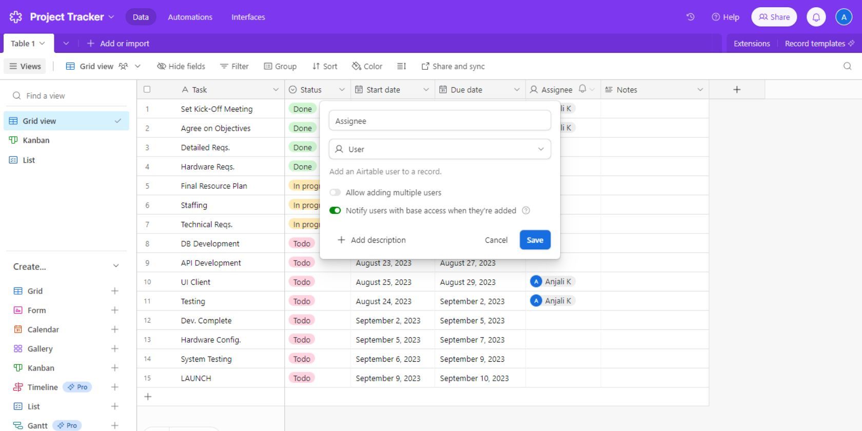Скриншот Airtable, показывающий настройку поля «Пользователь»