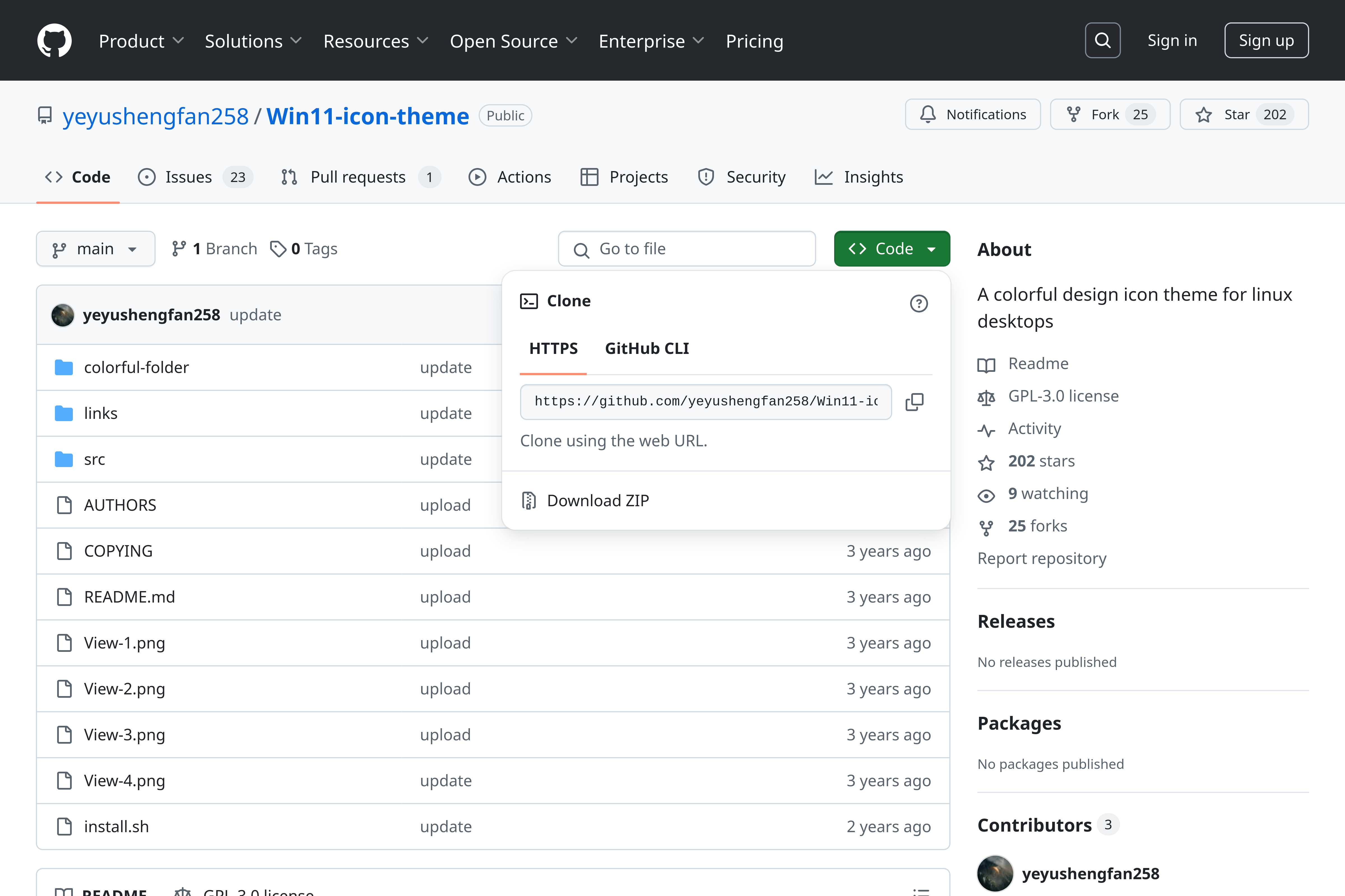 Страница GitHub с темой иконок Windows 11.