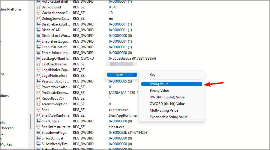 Creare DefaultUserName nel registro
