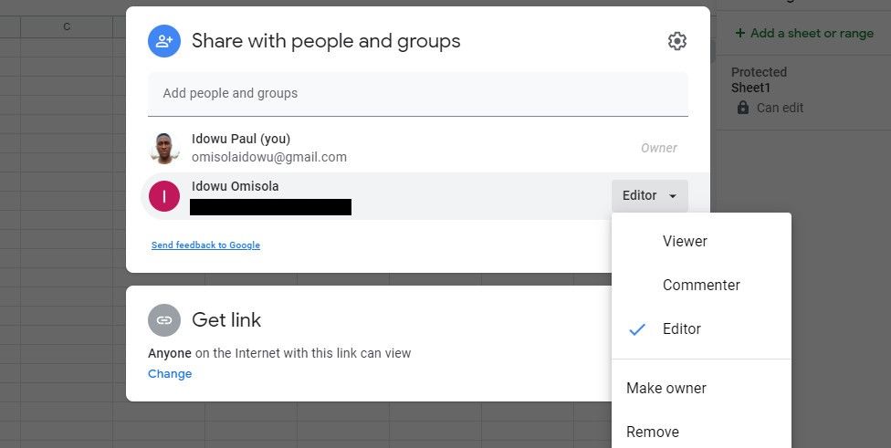 Меню изменения ролей участников Google Таблицы