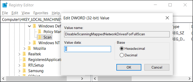 Порядок установки значения DisableScanningMappedNetworkDrivesForFullScan в 0