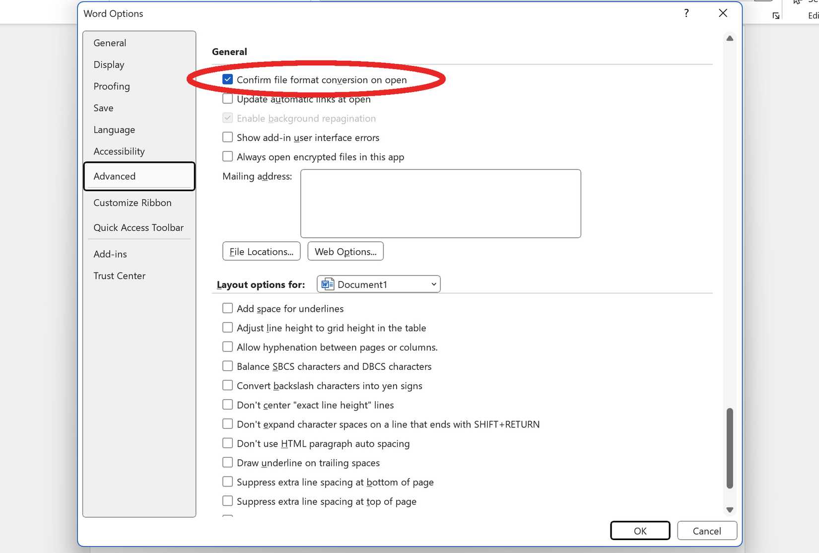 General section in Microsoft Word Advanced Options.