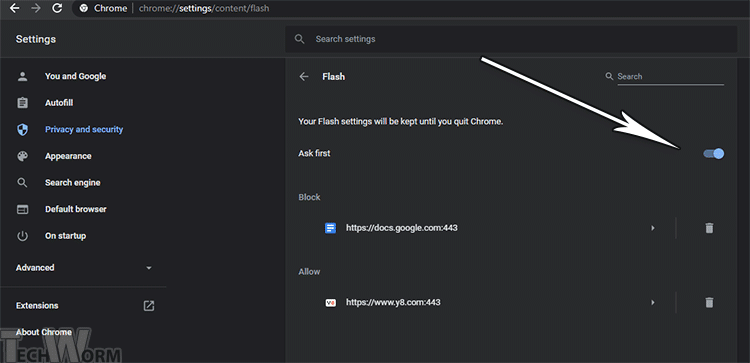 Включение Flash в настройках Chrome для всех сайтов