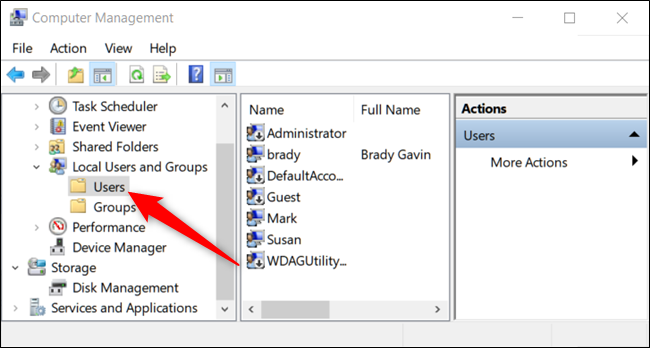 Список локальных пользователей в оснастке Управление компьютером