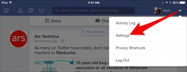 iOS: меню 'Настройки' в приложении Facebook