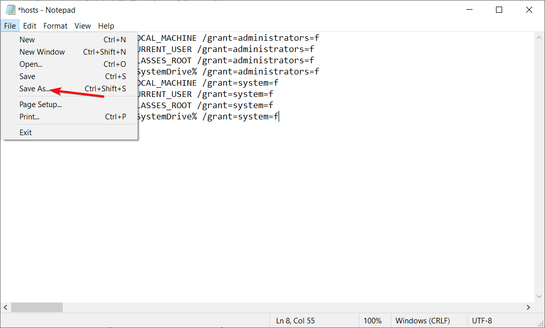 Сохранение файла reset.cmd в Блокноте