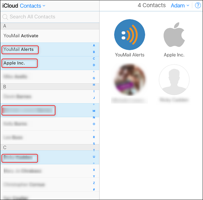Выбор нескольких контактов в iCloud