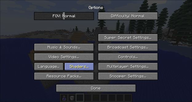 Меню Options с кнопкой Shaders
