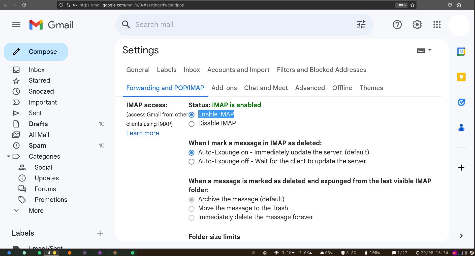 включение IMAP в Gmail