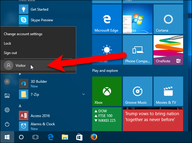 Переключение на учетную запись Visitor через меню Пуск