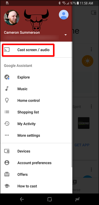 Меню Google Home с опцией трансляции экрана и аудио