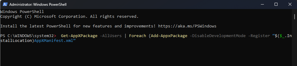 Команда регистрации пакетов приложений в PowerShell