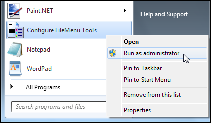 Запуск FileMenu Tools от имени администратора для управления системными пунктами
