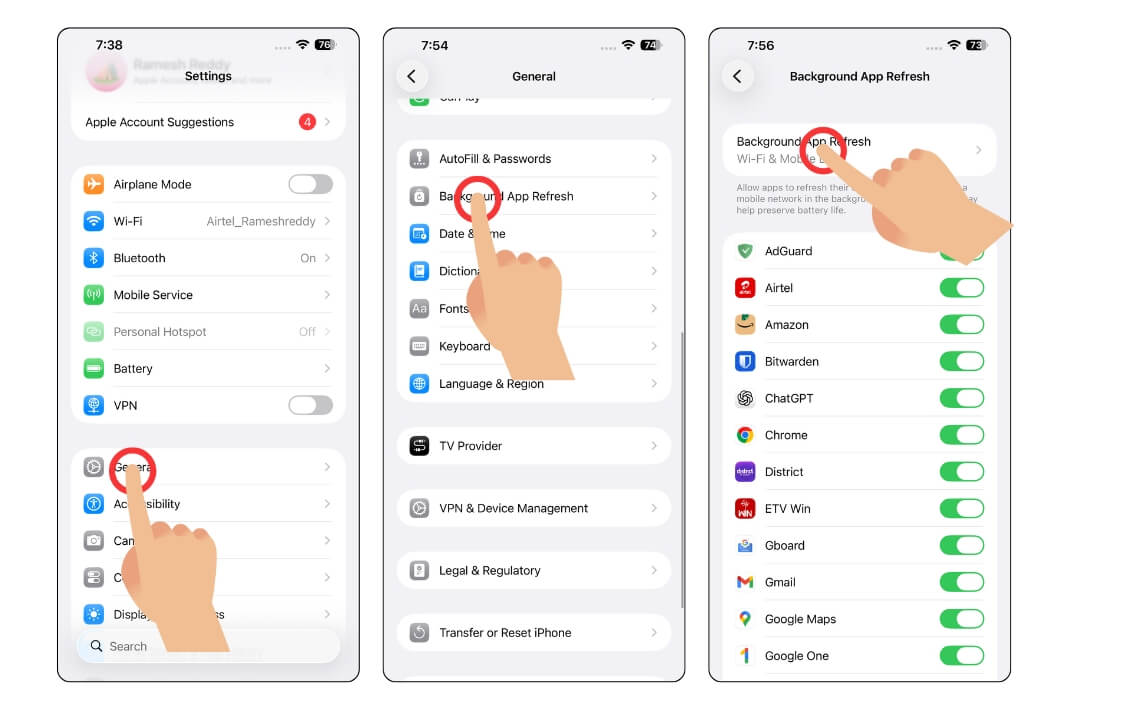 Меню фонового обновления приложений