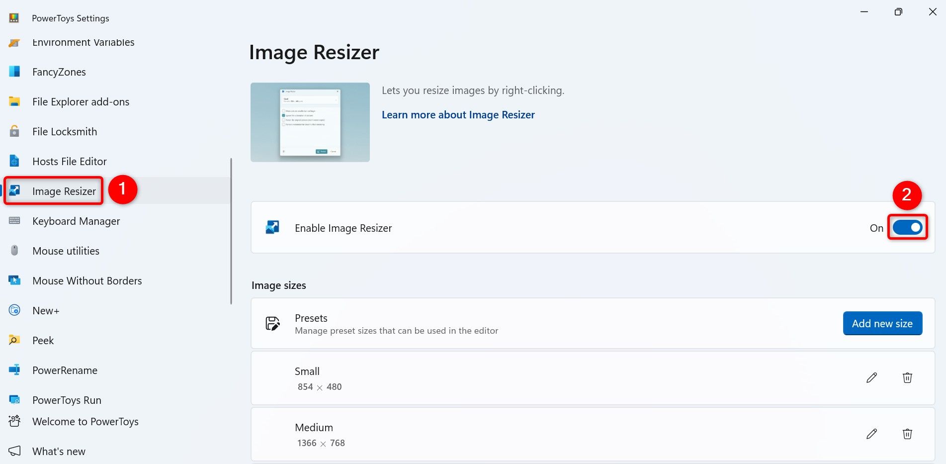 'Image Resizer' and 'Enable Image Resizer' highlighted in PowerToys.