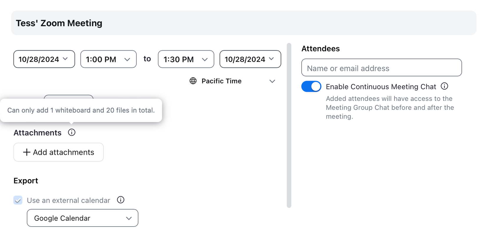 Планирование встречи в Zoom Workplace с опцией добавить вложения