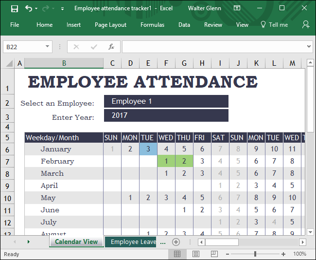 Лист Employee Attendance с несколькими строками над заголовком