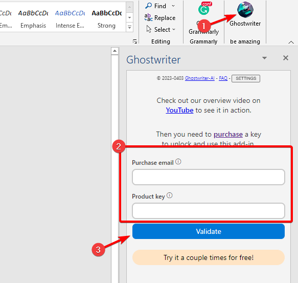Окно Ghostwriter в Word: поля для ввода email и API ключа и кнопка