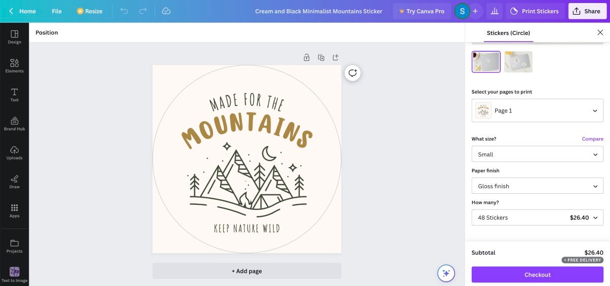 Опции печати и доставки стикеров в Canva: выбор размеров, отделки, предварительный просмотр