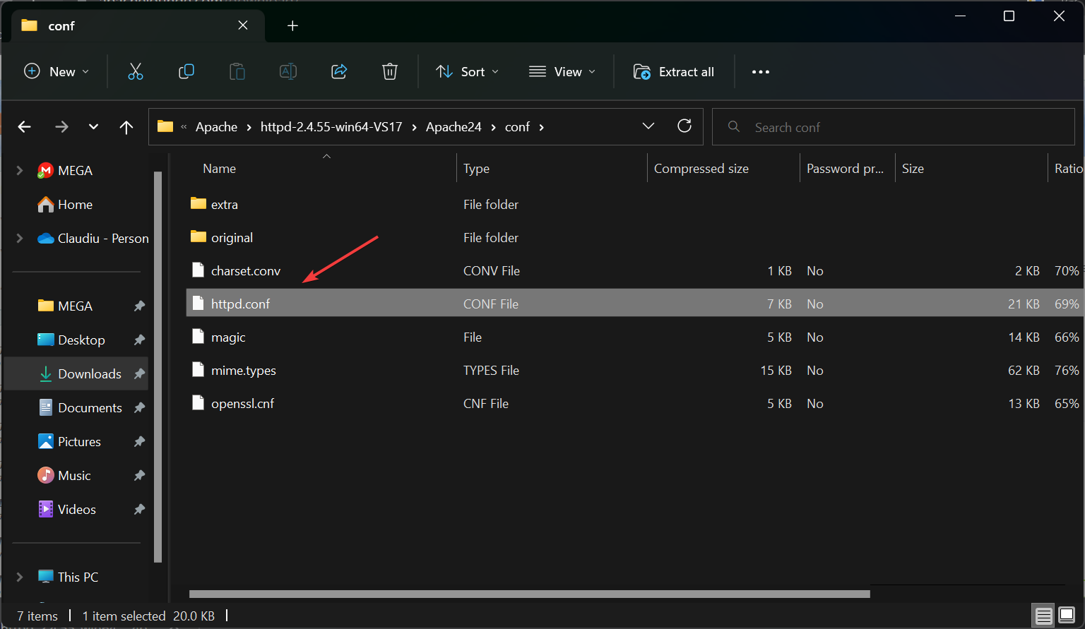 Проводник Windows: папка conf с файлом httpd.conf