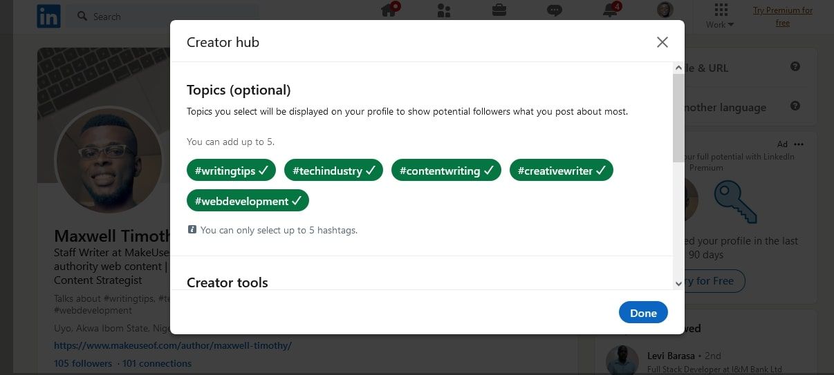 Добавление тем Creator mode в профиле LinkedIn