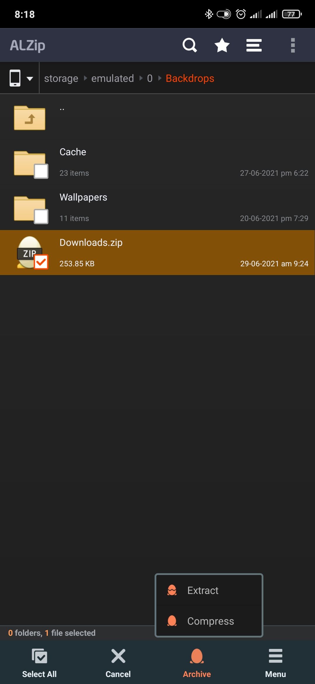 Распаковка архива в ALZip
