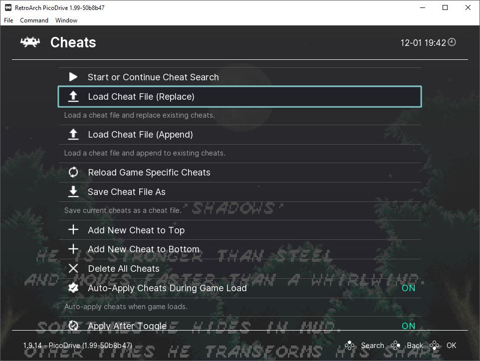 Пункт меню для загрузки файла читов