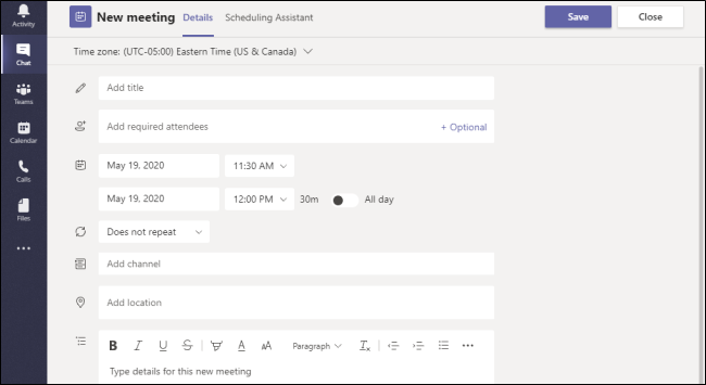 Teams New Meeting Form