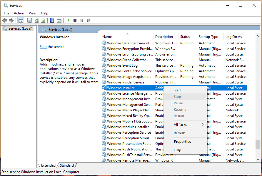 Detener el servicio Instalador de Windows