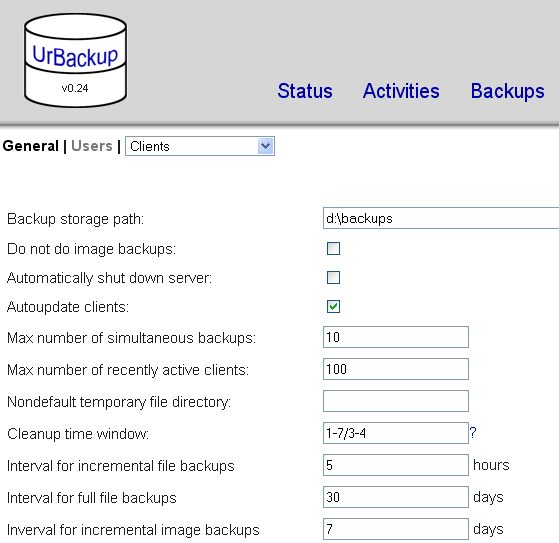 Панель управления сервером UrBackup с выбором клиента