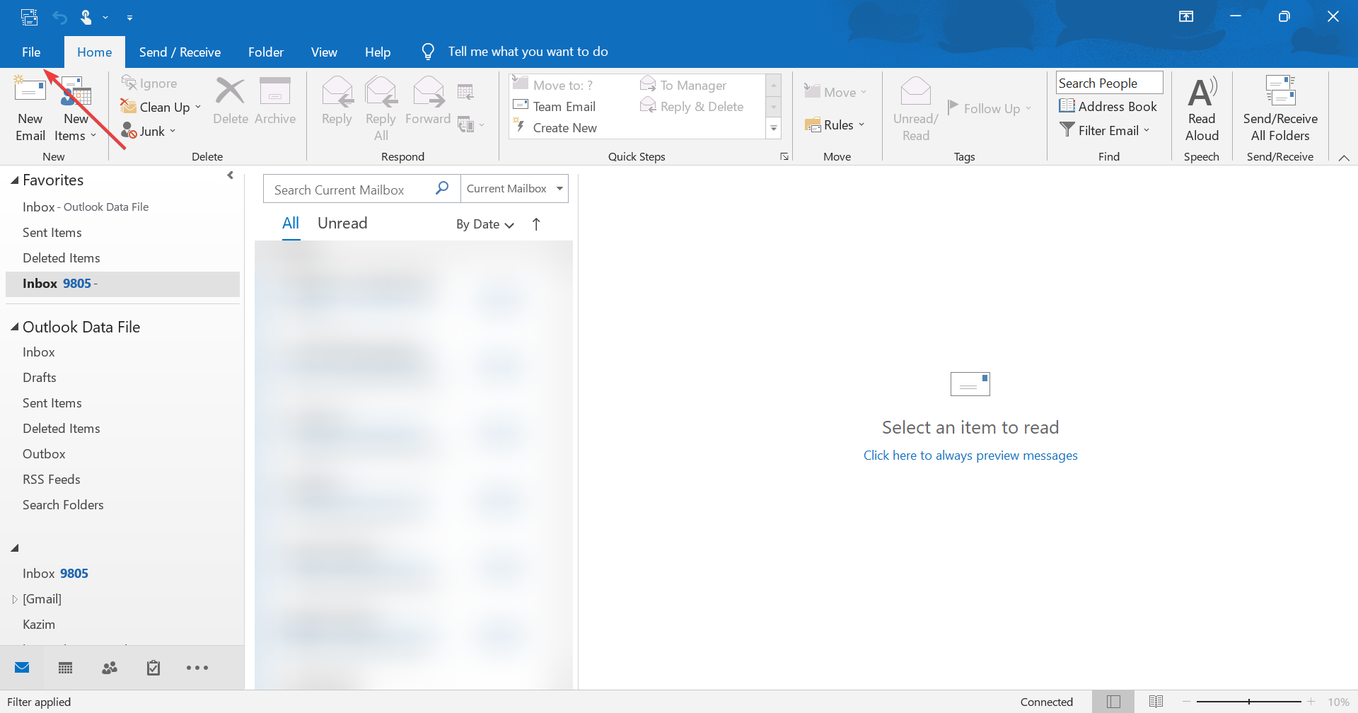 Меню Файл в Outlook для включения надстройки Teams