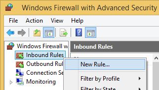 Создание нового правила входящего трафика в брандмауэре