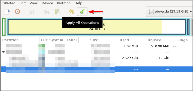 Кнопка применить в GParted