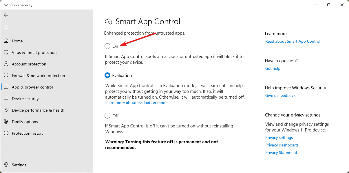 Включение Smart App Control