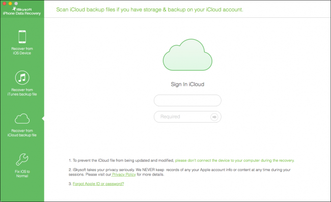 Скриншот процесса входа в iCloud (информативный) при использовании iSkySoft