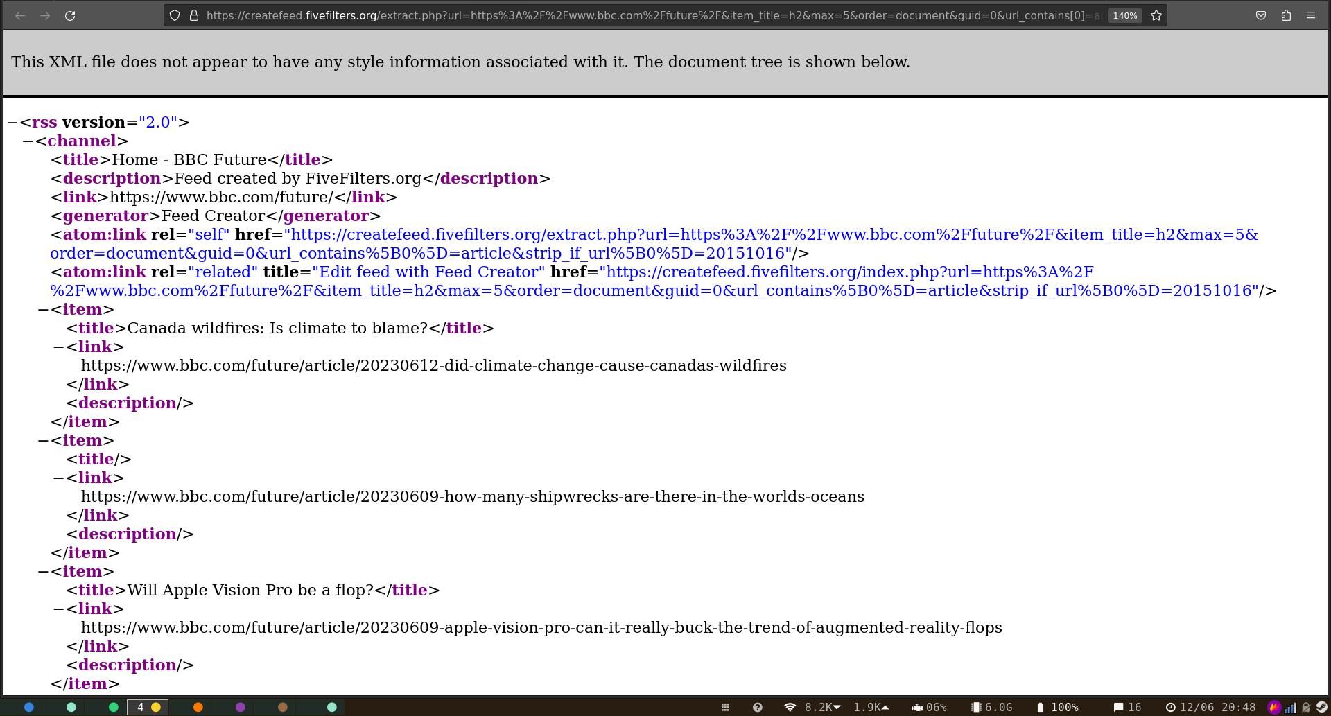 Превью RSS‑ленты, сгенерированной FiveFilters