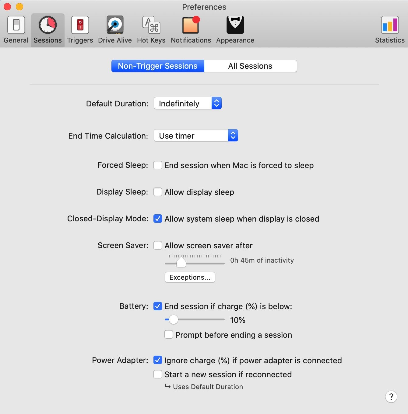 Окно «Preferences» Amphetamine с настройками энергосбережения и сессий