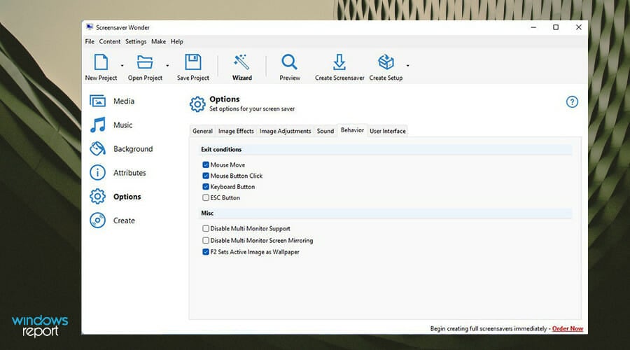 Настройки поведения заставки при нажатии клавиш и движении мыши