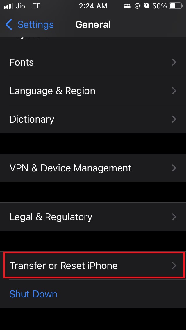 Пункт Перенос или сброс iPhone в Настройках iOS